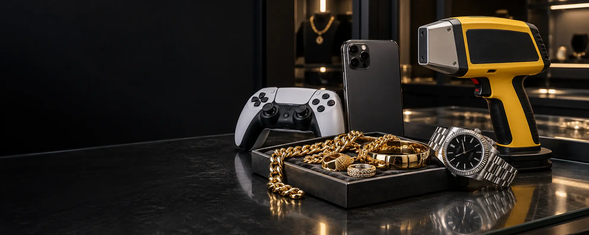 Gold jewellery, a watch, technology and professional metal testing equipment